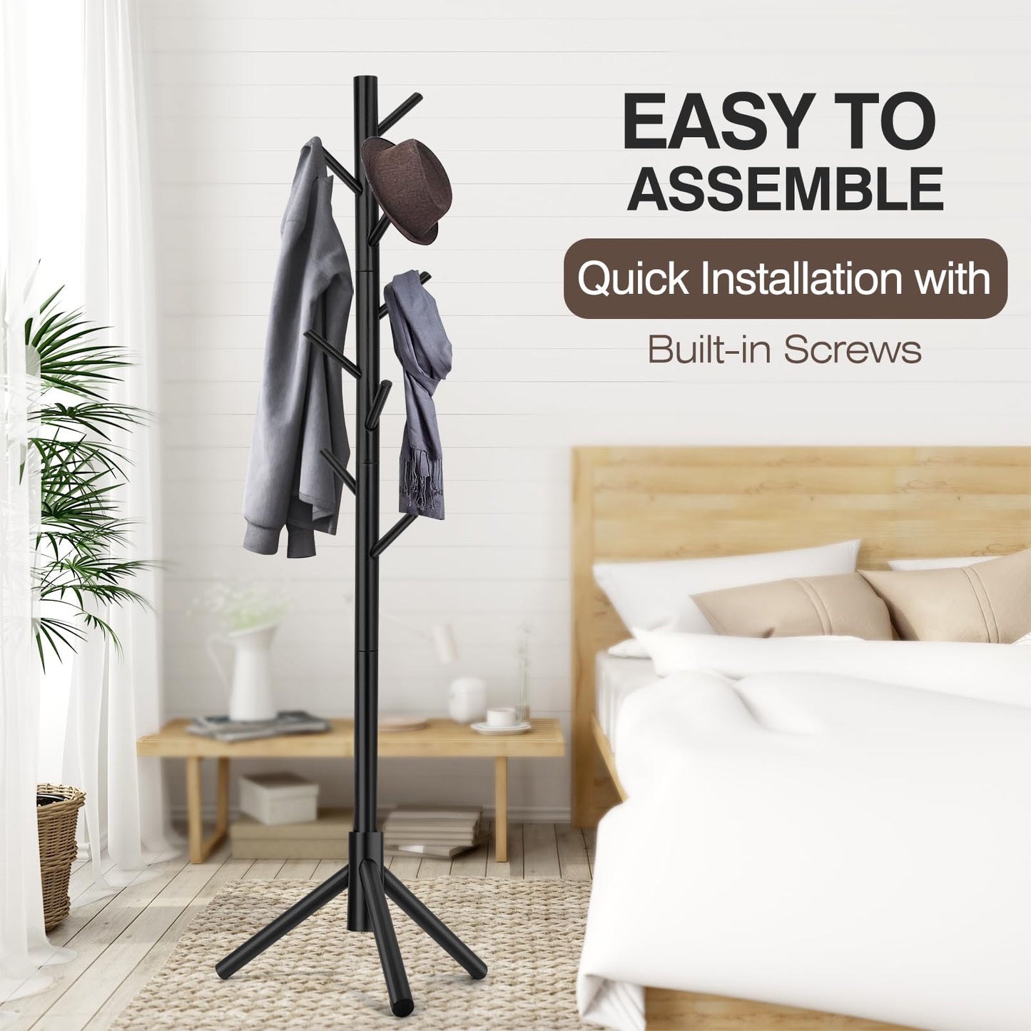 WANGMUXIA Coat Rack, Freestanding Coat Rack with 8 Hooks and 3 Adjustable Size Tree Coat Racks for Bedroom, Hallway, Entrance, Office, for Hats, Coats, Scarves, Handbags