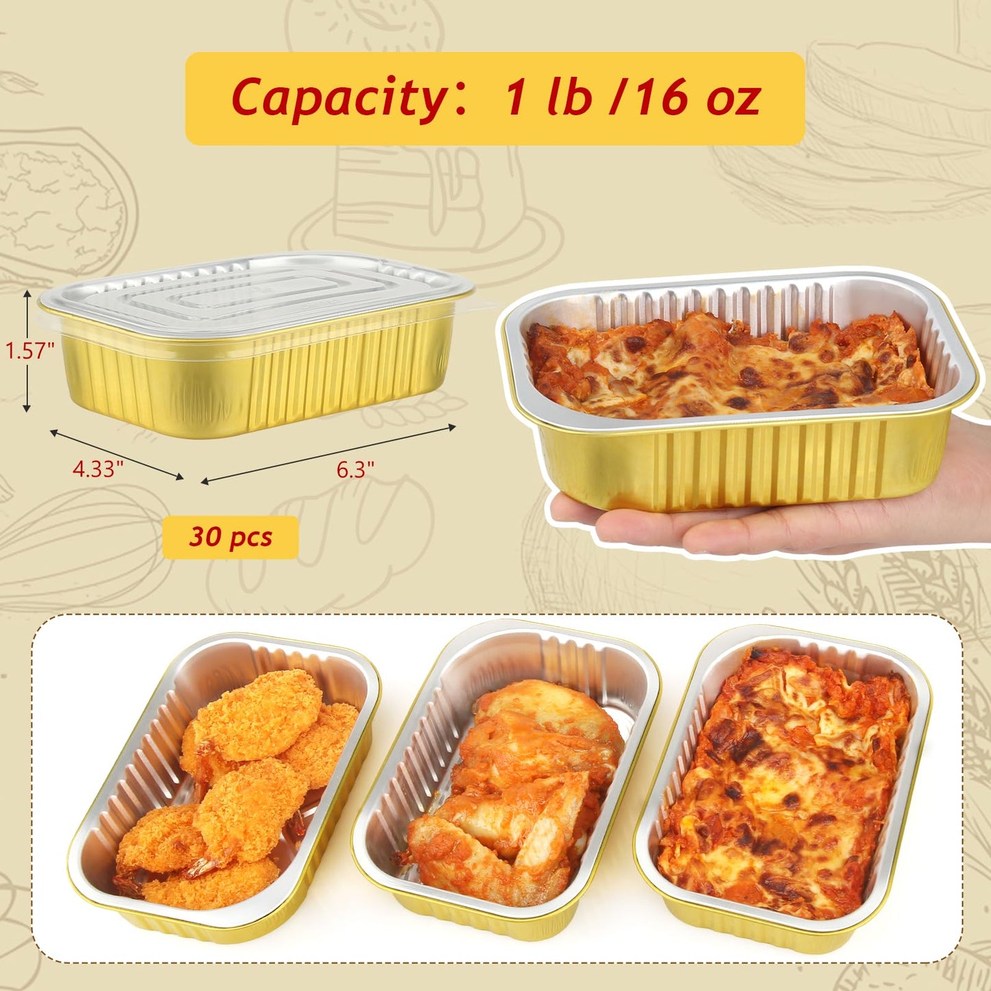 LNYZQUS 1lb Small Aluminum Pans With Lids 30 Pack, 16oz Foil Baking Tins Leftover Containers Takeout To Go Food Containers With PP Covers,Disposable Individual Pie Cake Pans Holders
