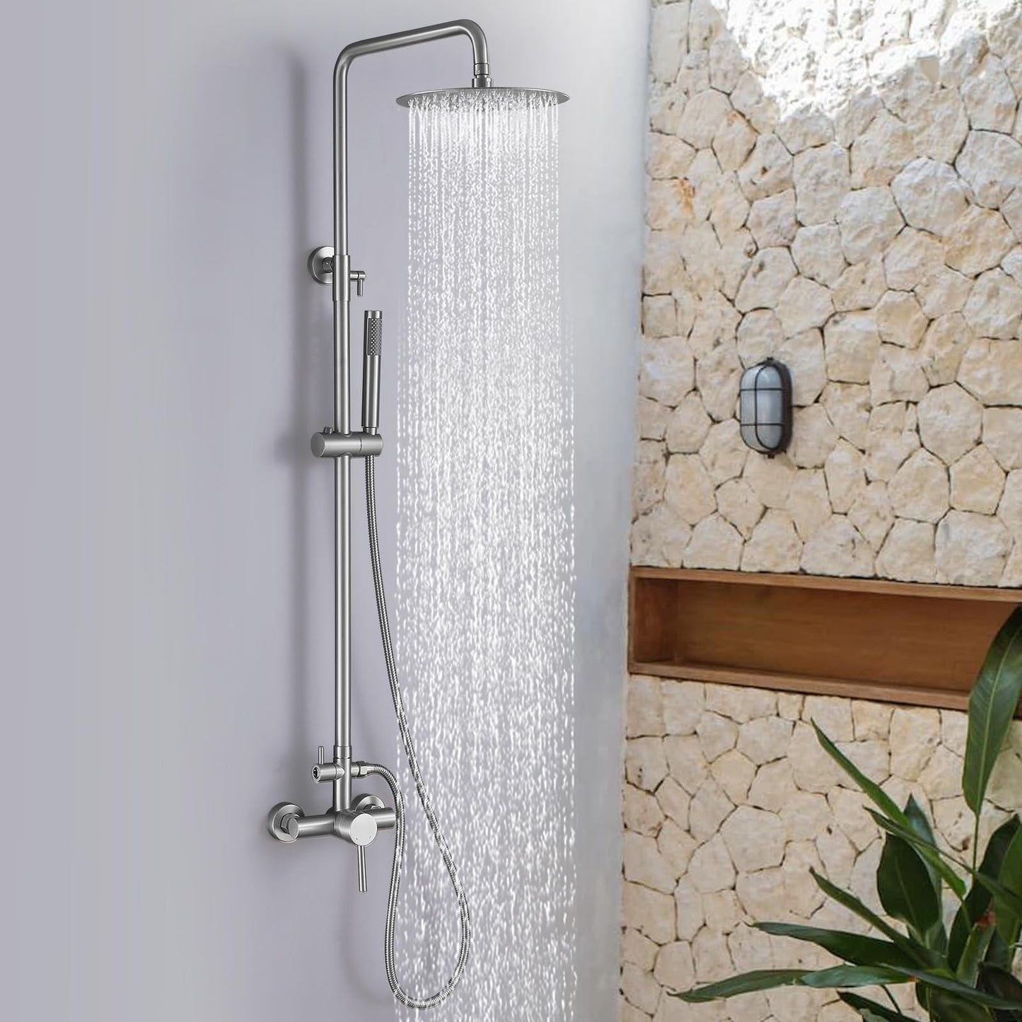 RBROHANT Outdoor Shower, Wall Mount Outdoor Shower Kit, Outside Shower Faucet with Height Adjustable Rain Shower Head and Handheld, Exposed Shower System for Pool, Wall Mounted, Brushed Nickel, JK0290