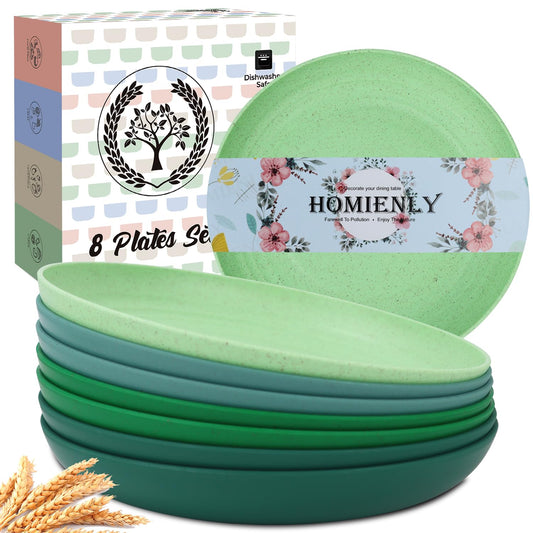 Homienly Dessert Plates Salad Plates Set of 8-10 inch Wheat Straw Plates Unbreakable Plates for Kitchen Reusable Plastic Plates (Green Series)