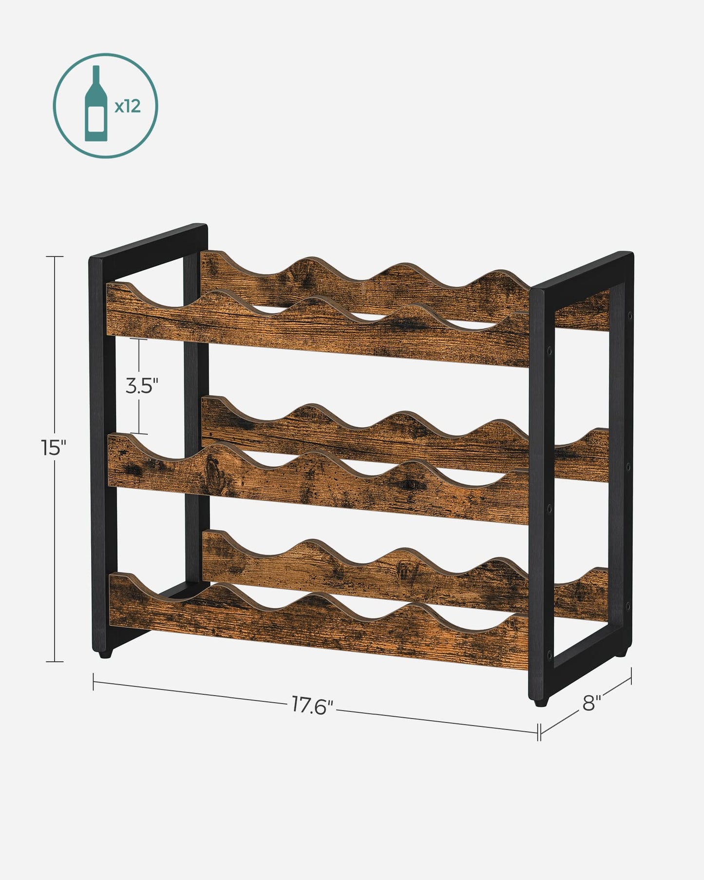 SONGMICS Wine Rack, 3 Tier Tabletop Wine Water Bottle Organizer Storage, Large Capacity Holds 12 Bottles, Bamboo Countertop Wine Holder Shelf for Kitchen Bar Cabinets Pantry, Rustic Brown and Black