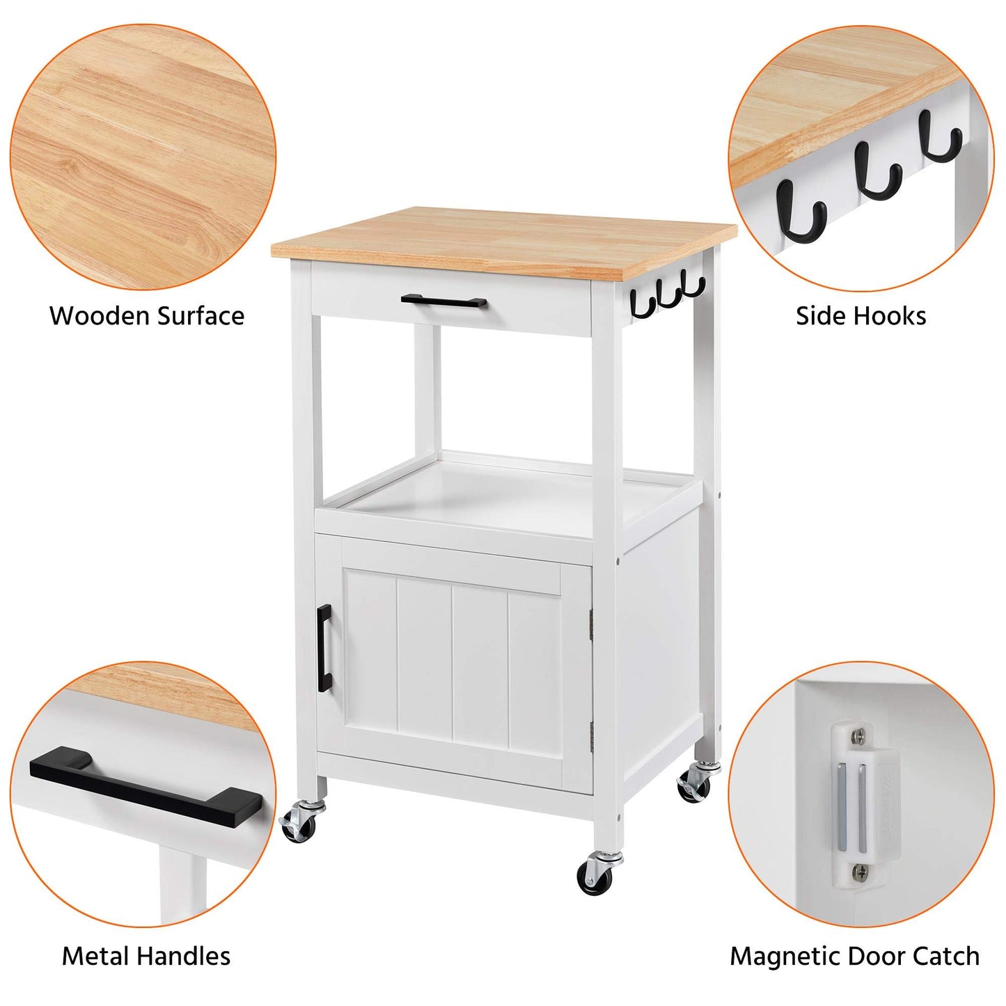 Yaheetech Rolling Kitchen Island with Single Door Cabinet, Kitchen Cart with Drawer on Swivel Wheels, Small Coffee Cart Microwave Stand with 3 Side Hooks for Dining Room, White