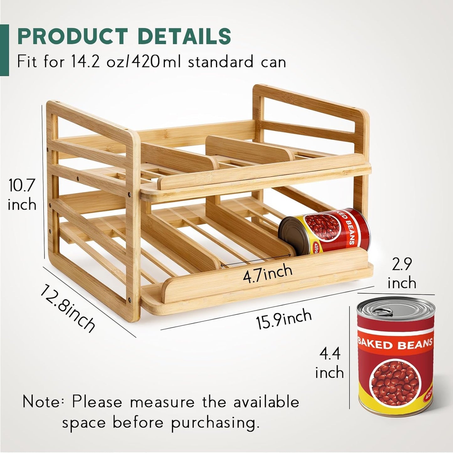 Yumkfoi Rolling Bamboo Can Organizer Rack, Stackable Double-Layer Can Organizers and Storage For Pantry, Canned Goods Holder Dispenser For Countertop Kitchen Cabinet or Pantry Shelf