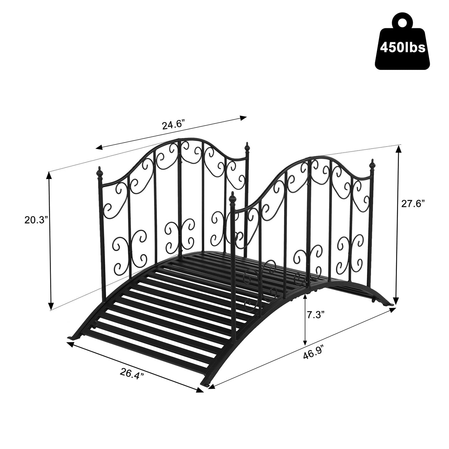 VINGLI Garden Bridge Metal Yard Arch Path Bridge with Patterned Guardrails, Ourdoor Decorative Black Iron Foot Bridge for Pond and Backyard Landscaping-4FT