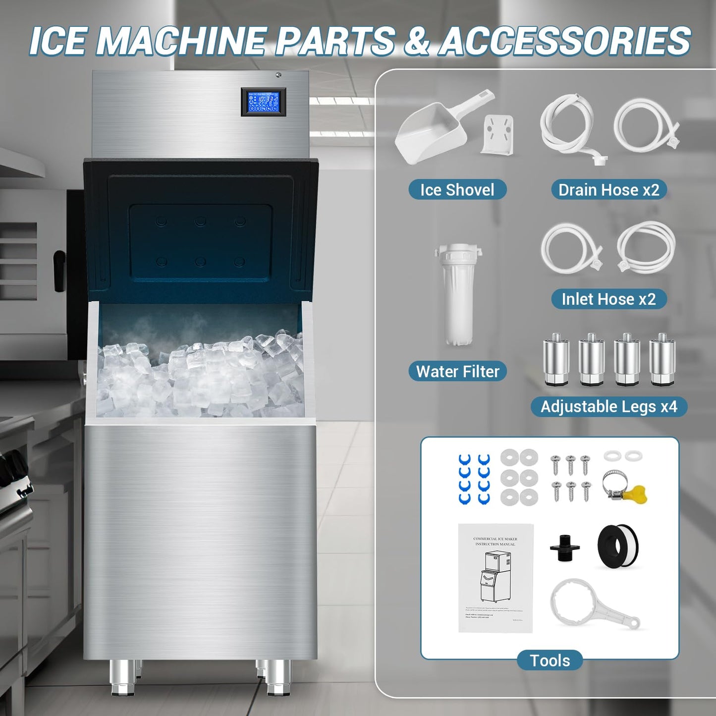 Large Commercial Ice Maker Machine: 500lbs/24H Production, with 350lbs Ice Storage Bucket, 156 Ice Cubes in 6-15 Mins - Stainless Steel Industrial Ice Maker for Restaurant, Bar, Cafe, Commercial Use