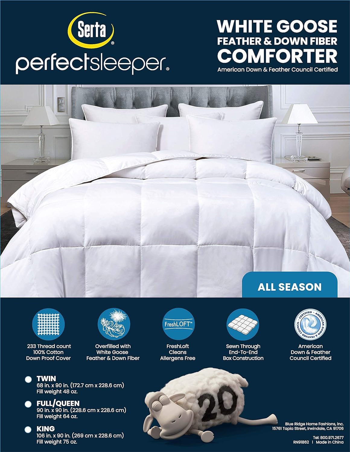 Serta Goose Feather Down Fiber Cotton Comforter Queen Size - 100% Cotton Duvet Insert - Hotel Luxury Hypoallergenic Bedding Comforter All Season Medium Warmth 90 x 90 Inch White