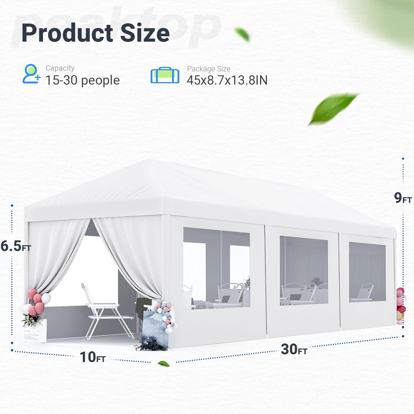 Peaktop Outdoor 10x30 Heavy Duty Party Tent with 8 Removable Mesh Windows Walls White Canopy Tent for Parties Event Shelter carpas para Patio