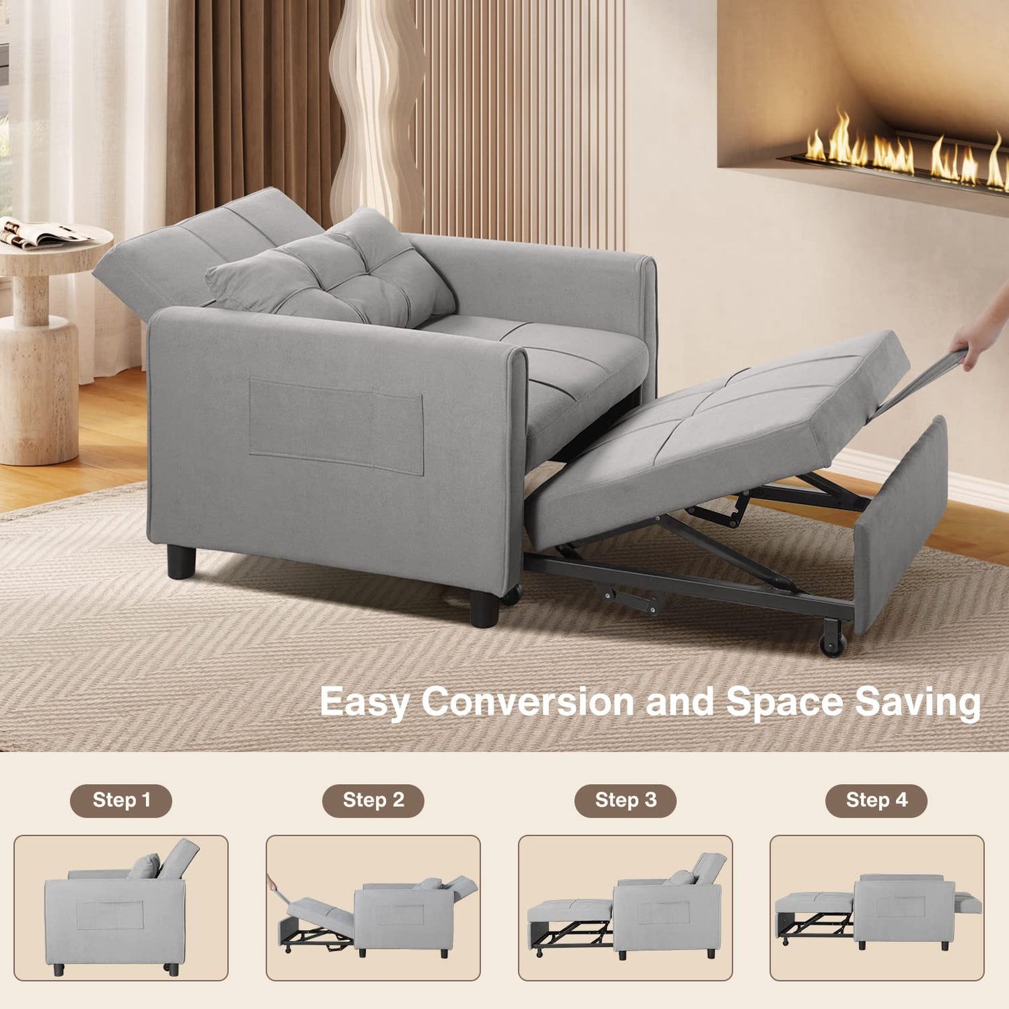 Noelse Sleeper Sofa Chair Bed, Convertible Sofa Chair 3-in-1, Adjustable Sleeper Chair Pullout Sofa Bed with Modern Linen Fabric for Living Room Apartment Small Space, Grey