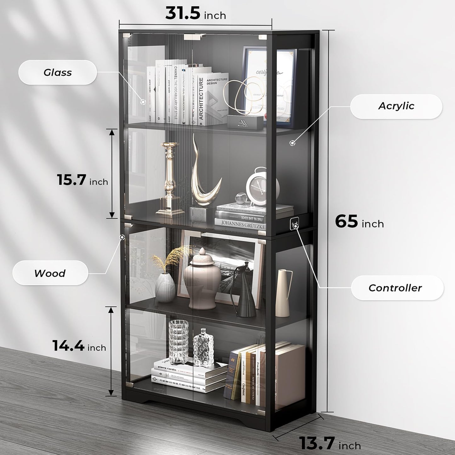 BROTTAR Display Cabinet with Glass Doors, 4-Tier Curio Cabinet&Bookcase with 3 Color Light for Collectibles, Toys, Books, Glass Storage Cabinet, Black