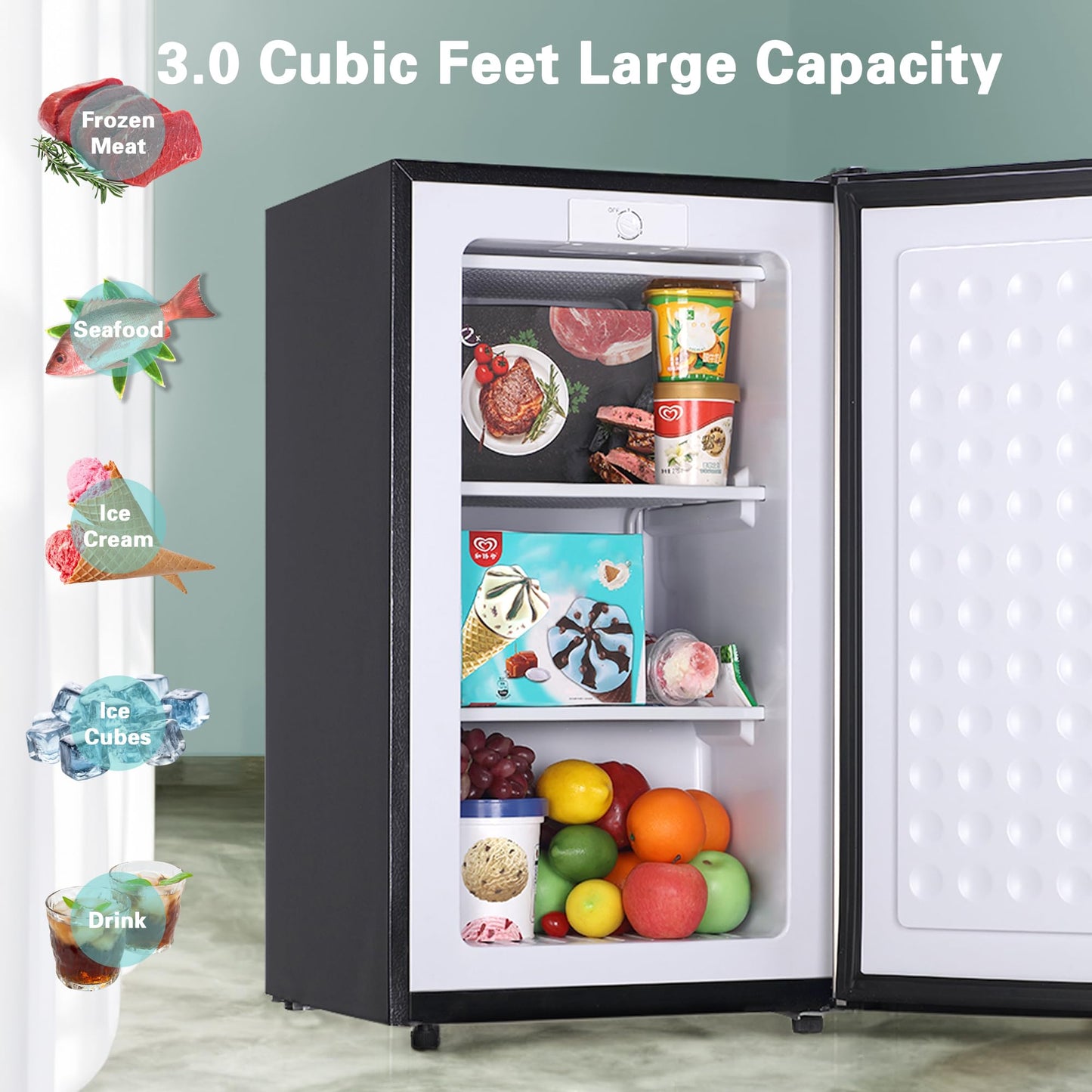 Anukis 3.0 Cu.ft Upright Freezer, Compact Mini and Small Freezers with Adjustable Temperature, Three Freeze Shelves For Home, Kitchen, Office, Black