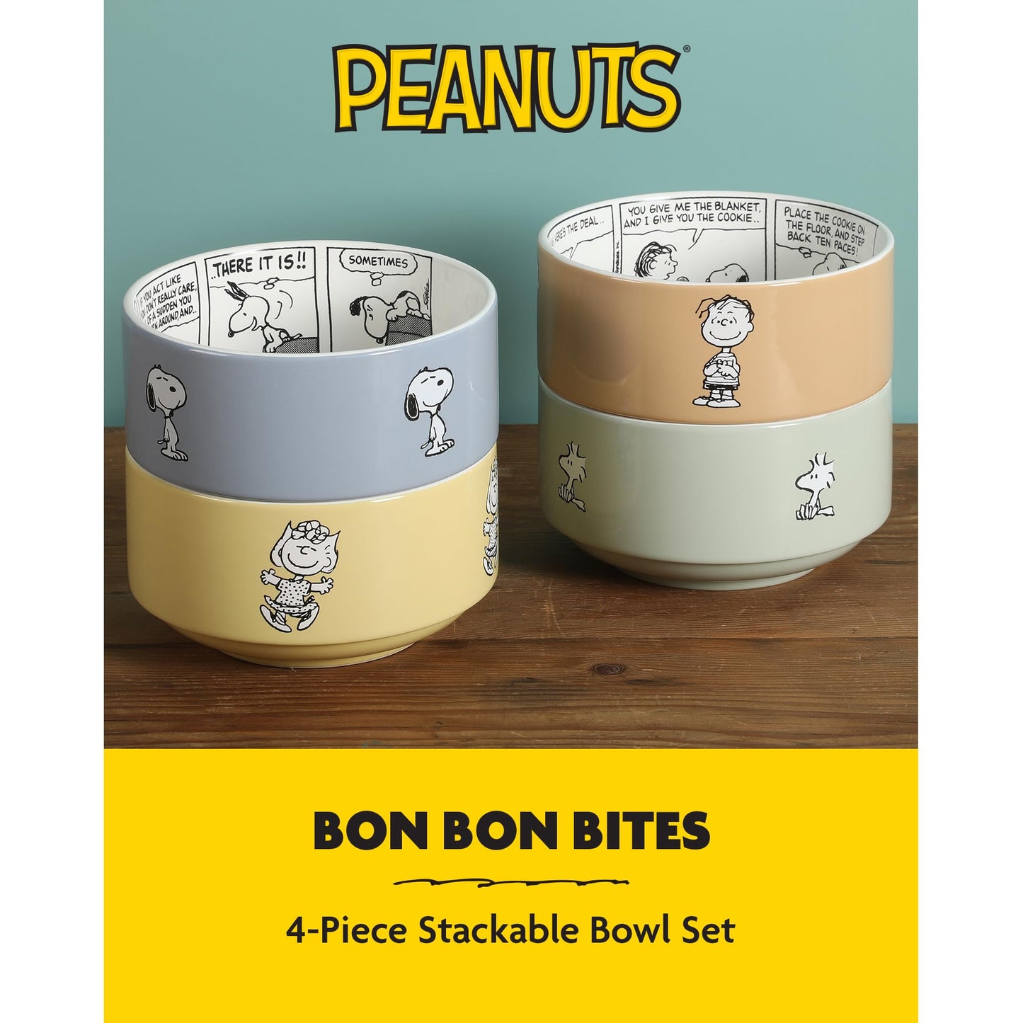 Peanuts Snoopy Bonbon Bites 4 Piece 5.5" Decorated Stoneware Ceramic Stackable Bowl Set