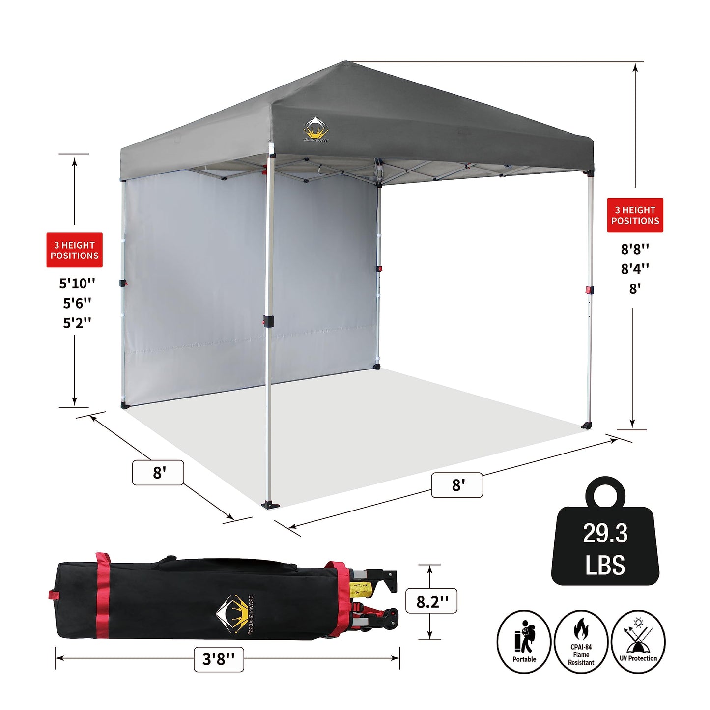 CROWN SHADES 8x8 Pop Up Canopy with 1 Side Wall - Beach Tent with One Push Setup - Outdoor Sun Shade for Events, Parties, Camping - Gazebo with STO-N-Go Cover Bag (Grey)