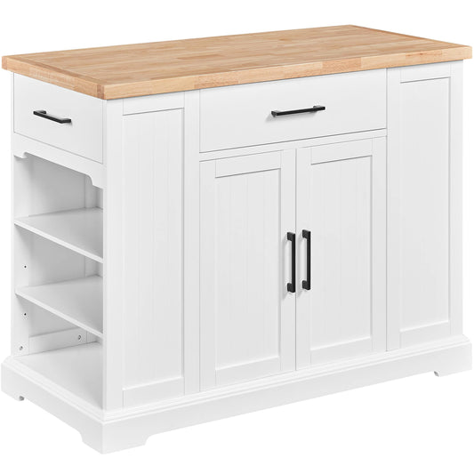 Yaheetech Rolling Kitchen Island Cart with 3 Drawers, Kitchen Storage Cabinet on Wheels with Open Shelves and Inner Adjustable Shelves for Dining Room/Living Room, Thicker Rubberwood Top, White