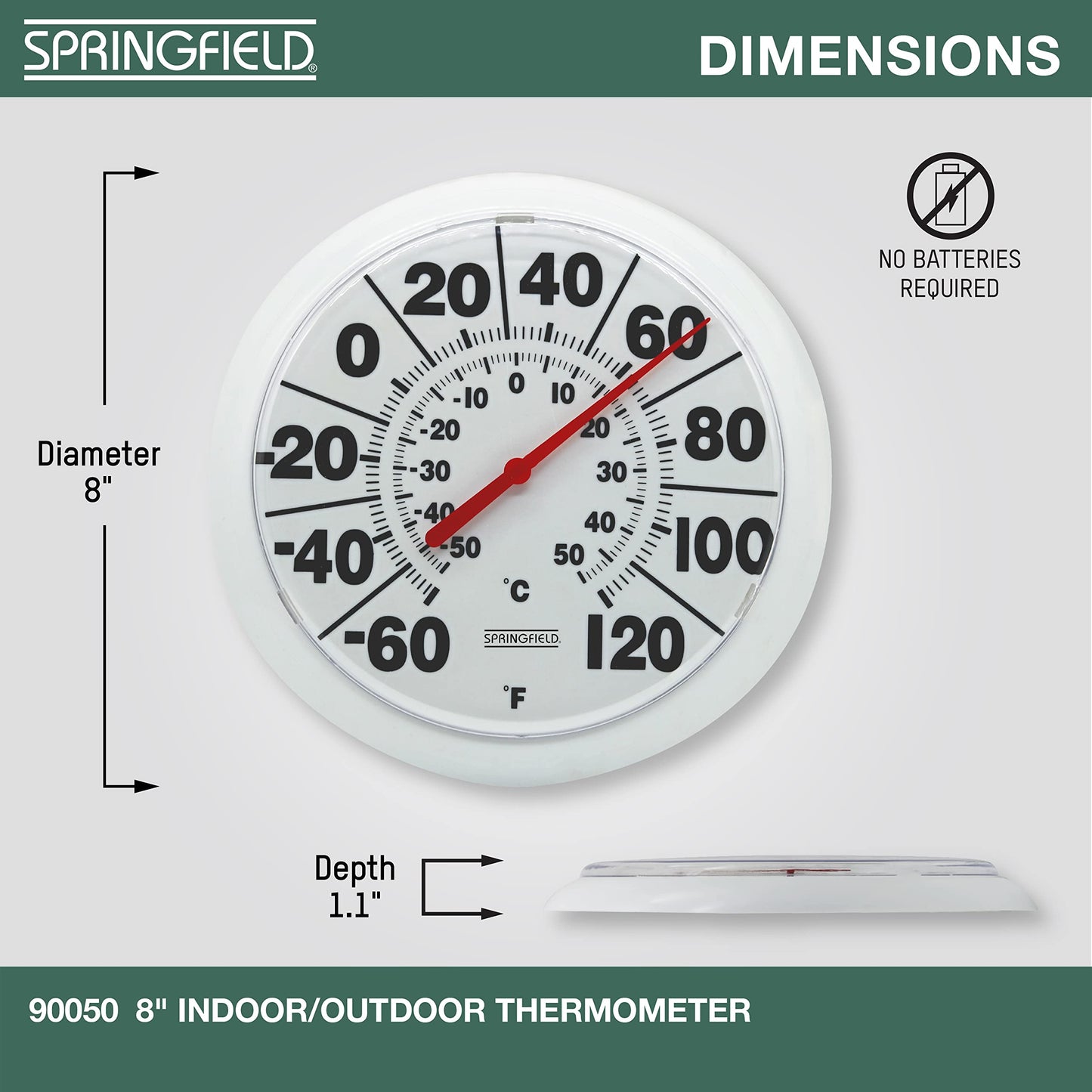 Springfield Indoor Outdoor Big and Bold Dial Thermometer, Wireless Thermometer with Easy to Read Large Numbers for Patio, Pool, and Indoor Areas, 8-Inch, White