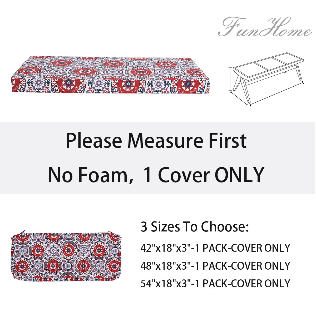 FUNHOME Outdoor Bench Cushion Cover 54 x18 x 3 inch,Waterproof Cover with Zipper&Ties,Fade-Resistant Slipcover,Patio Porch Swing Cushion Cover Replacement Only,No Insert(Red Medal)