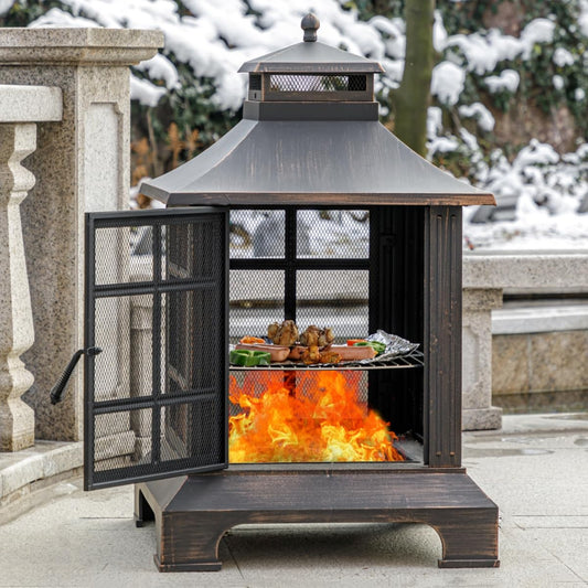 EcoNook 39.5'' H×24.5" W Metal Chiminea Fire Pit, Wood Burning Fire Pits with Grill, Square Chimineas Fireplace with Mesh Spark Screen Doors& Fire Poker, Firepit for Outside, Garden, Yard