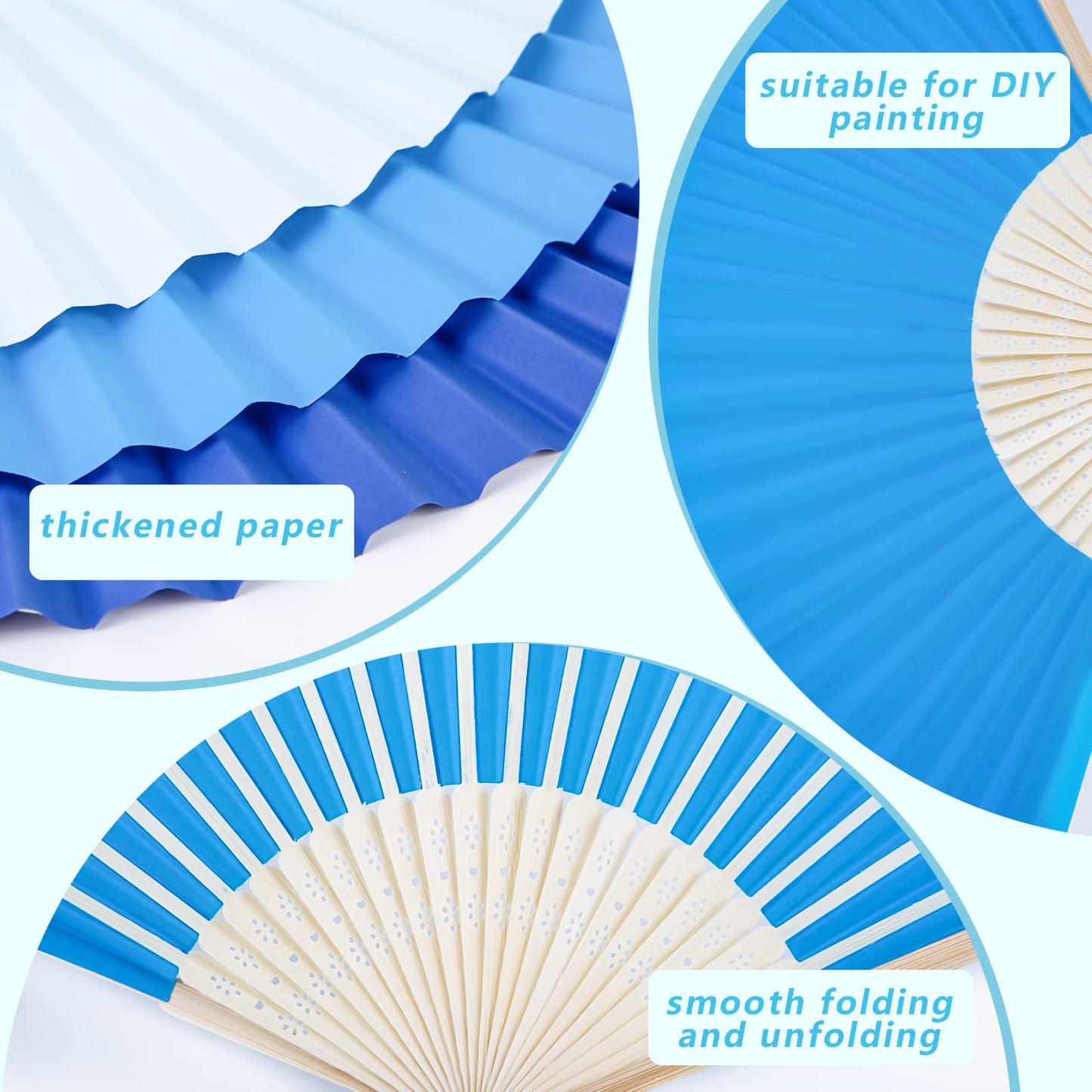 JOHOUSE 12PCS Folding Paper Fans, Handheld Paper Fan Foldable Decorative Fans Blue Bamboo Fan for Summer Beach Party Dancing DIY Wall Decoration