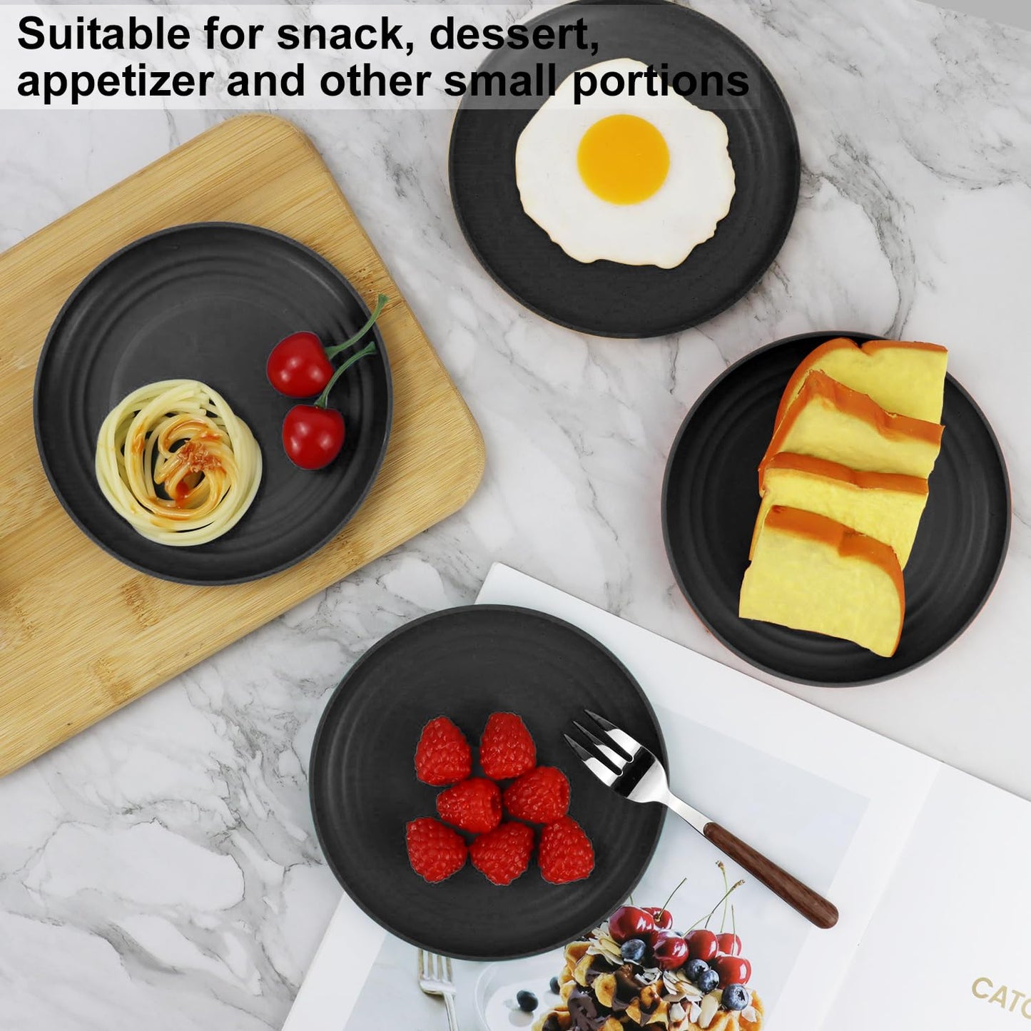 BUSOKIP 6 Inch Dessert Plates Set of 8, Unbreakable Wheat Straw Plates Appetizer Plates, Plastic Plates Reusable, Microwave & Dishwasher Safe Plates, Mini Plates for Kitchen (Black)