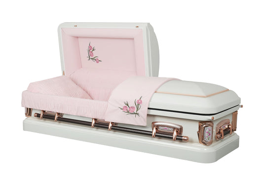Overnight Caskets Primrose Metal Funeral Casket - Premium 18-Gauge Steel - Fully Appointed Adult Casket - Coffin Featuring Antique-White Velvet Interior Lining and Coordinating Pillow & Throw Set
