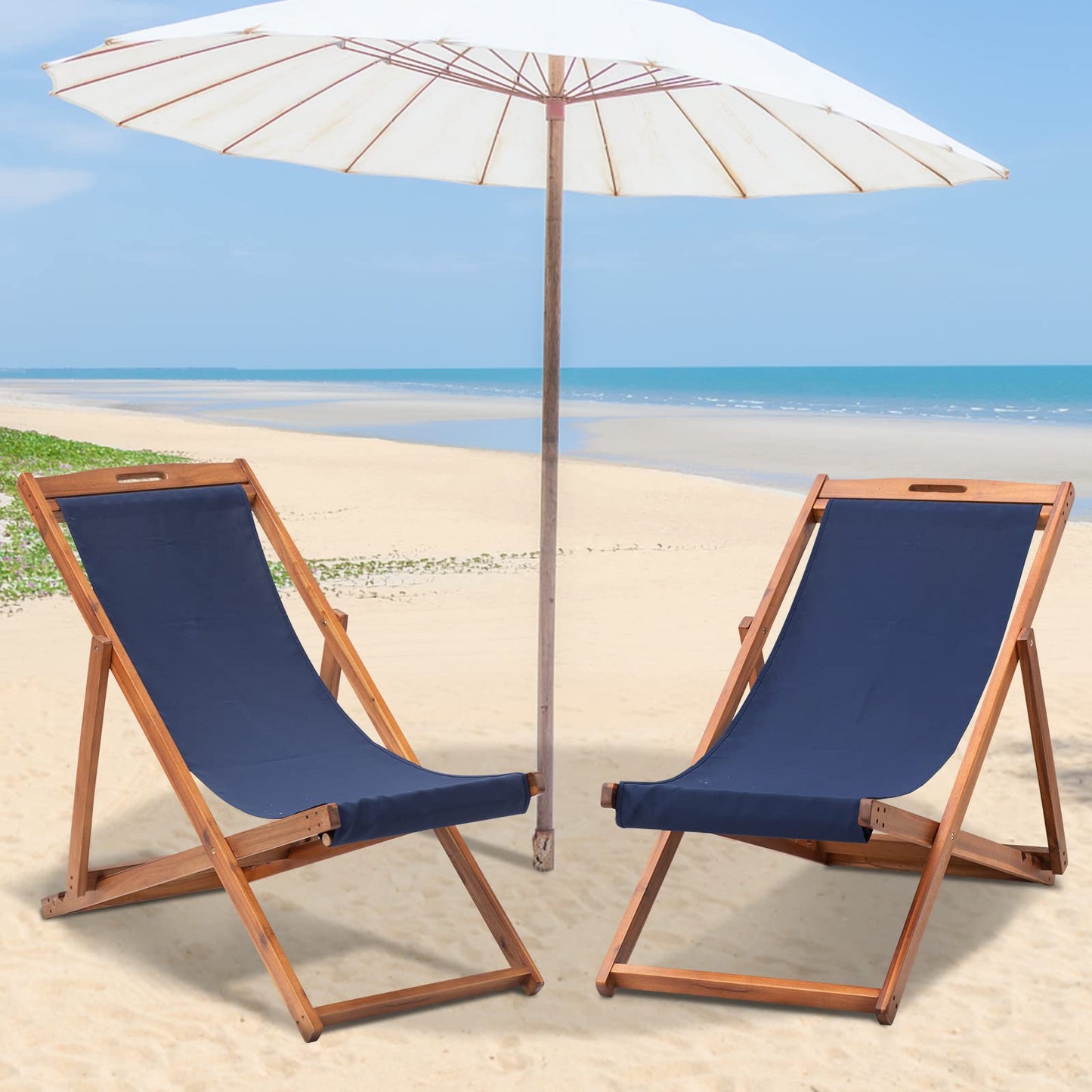 Dkelincs Removable Fabric Patio Chairs Adjustable Height Beach Sling Chairs Set of 2 for Indoor Outdoor Beach Balcony Camping (Blue)