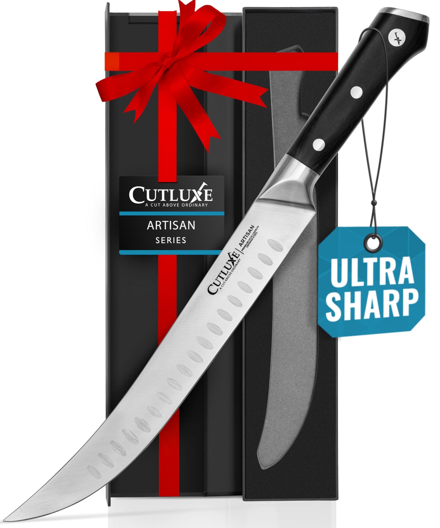 Cutluxe Butcher Knife – 10″ Cimeter Breaking Knife, Razor Sharp Forged High Carbon German Steel, Full Tang Carving Knife, Ergonomic Handle Design, Grilling Gifts for Men – Artisan Series