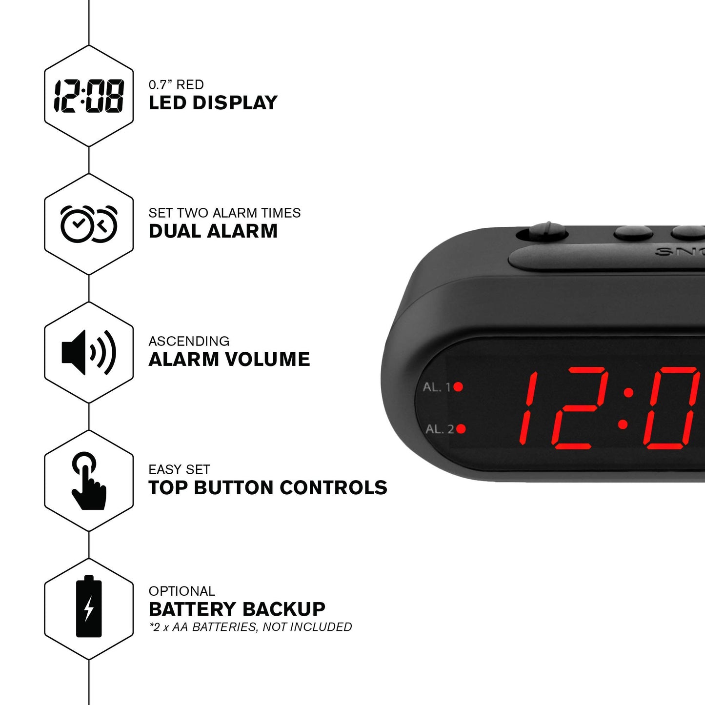 SHARP Digital Alarm Clock – Black Case with Red LEDs - Ascending Alarm Grows Increasing Louder, Gentle Wake Up Experience, Dual Alarm - Battery Back-up, Easy to Use with Simple Operation