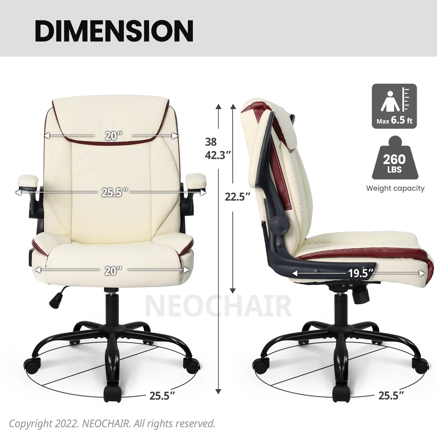 NEO CHAIR Office Chair Adjustable Desk Chair Mid Back Executive Comfortable PU Leather Ergonomic Gaming Back Support Home Computer with Flip-up Armrest Swivel Wheels (Ivory)
