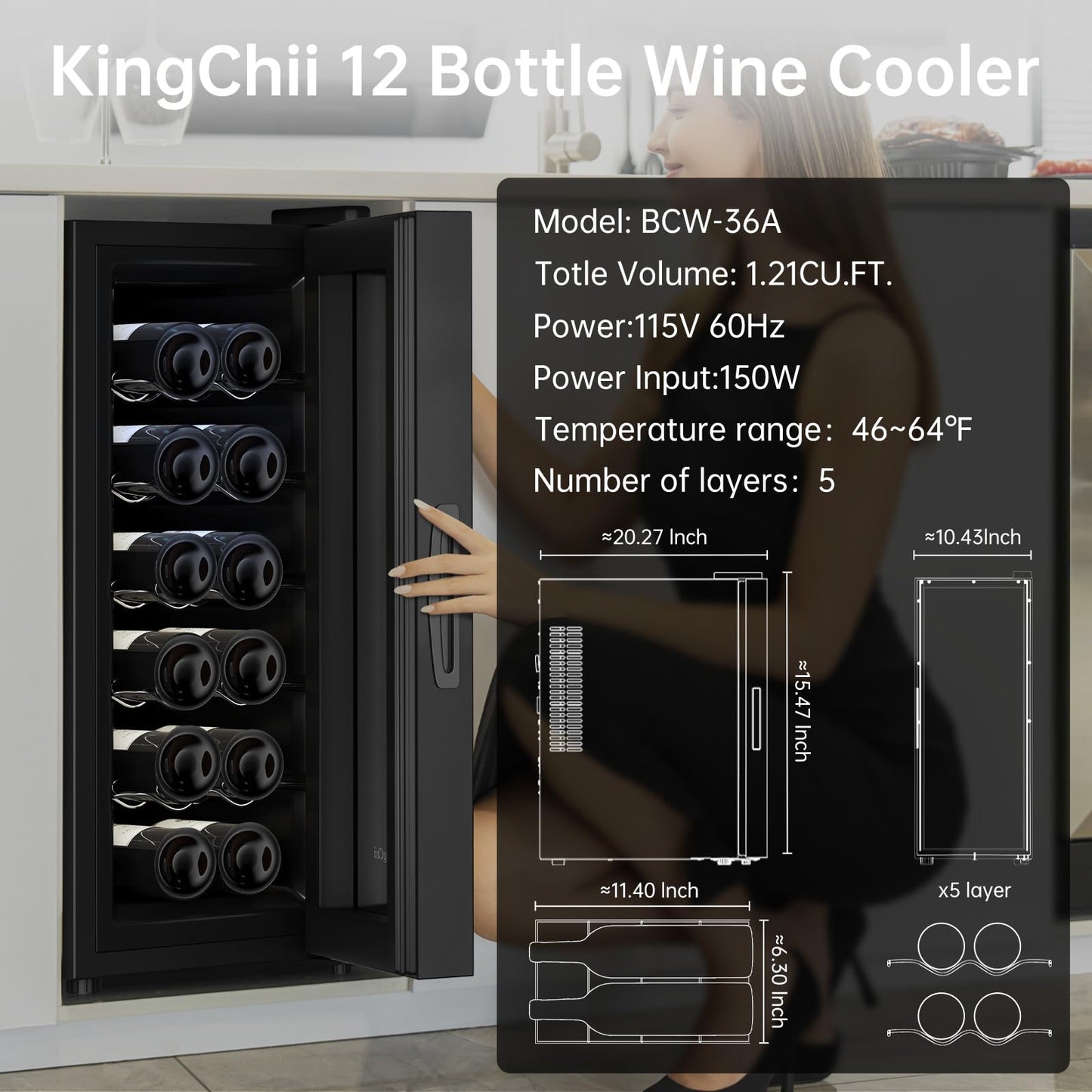 KingChii 12 Bottle Thermoelectric Wine Cooler Refrigerator Advanced Cooling Technology, Stainless Steel & Tempered Glass For Red Wine, Champagne for Home, Kitchen, or Office