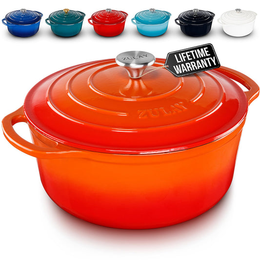 Zulay Kitchen 6 Quart Enameled Cast Iron Dutch Oven with Lid – Premium Durability & Oven Safe up to 500°F – Heavy Duty Cookware Perfect for Bread Baking, Stews, Braising & Roasting – Flame Orange