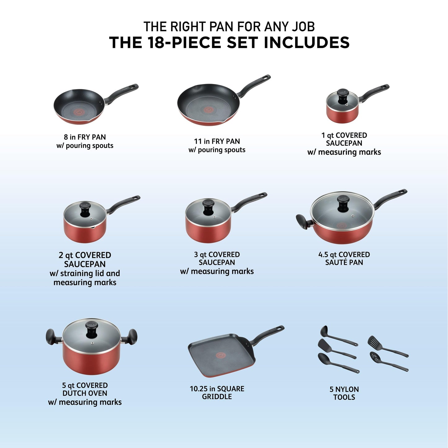 T-fal Initiatives Nonstick Cookware Set 18 Piece, Oven Broiler Safe 350F, Kitchen Cooking Set w/ Fry Pans, Saucepans, Saute Pan, Dutch Oven, Griddle, Pots and Pans, Home, Dishwasher Safe, Red