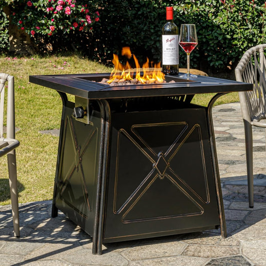 OutVue 28" Propane Fire Pit Table,Gas Fire Pits Table for Outside,50000 BTU Propane Fire Pit with Lid &Lava Rocks,Gas Firepit for Garden,Yard (Black)