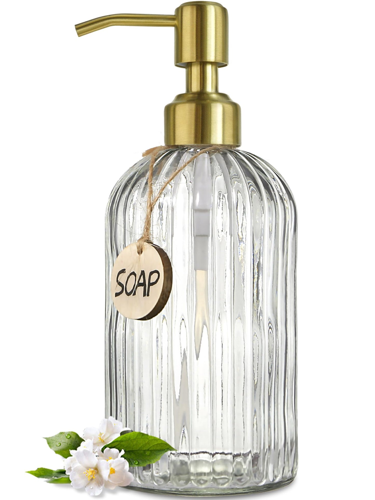 JASAI 18Oz Glass Soap Dispenser with Golden Pump for Kitchen,Refillable Liquid Hand Soap Dispenser with Vertical Stripe, Clear Soap Dispenser Bathroom for Hand soap, Dish Soap, Lotion