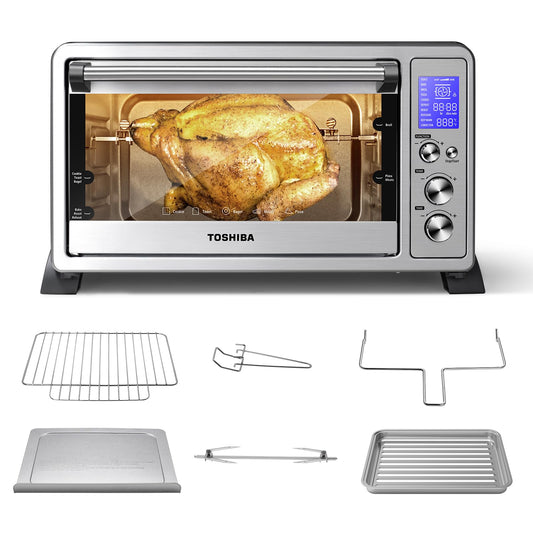 TOSHIBA AC25CEW-SS Large 6-Slice Convection Toaster Oven Countertop, 10-In-One with Toast, Pizza and Rotisserie, 1500W, Stainless Steel, Includes 6 Accessories