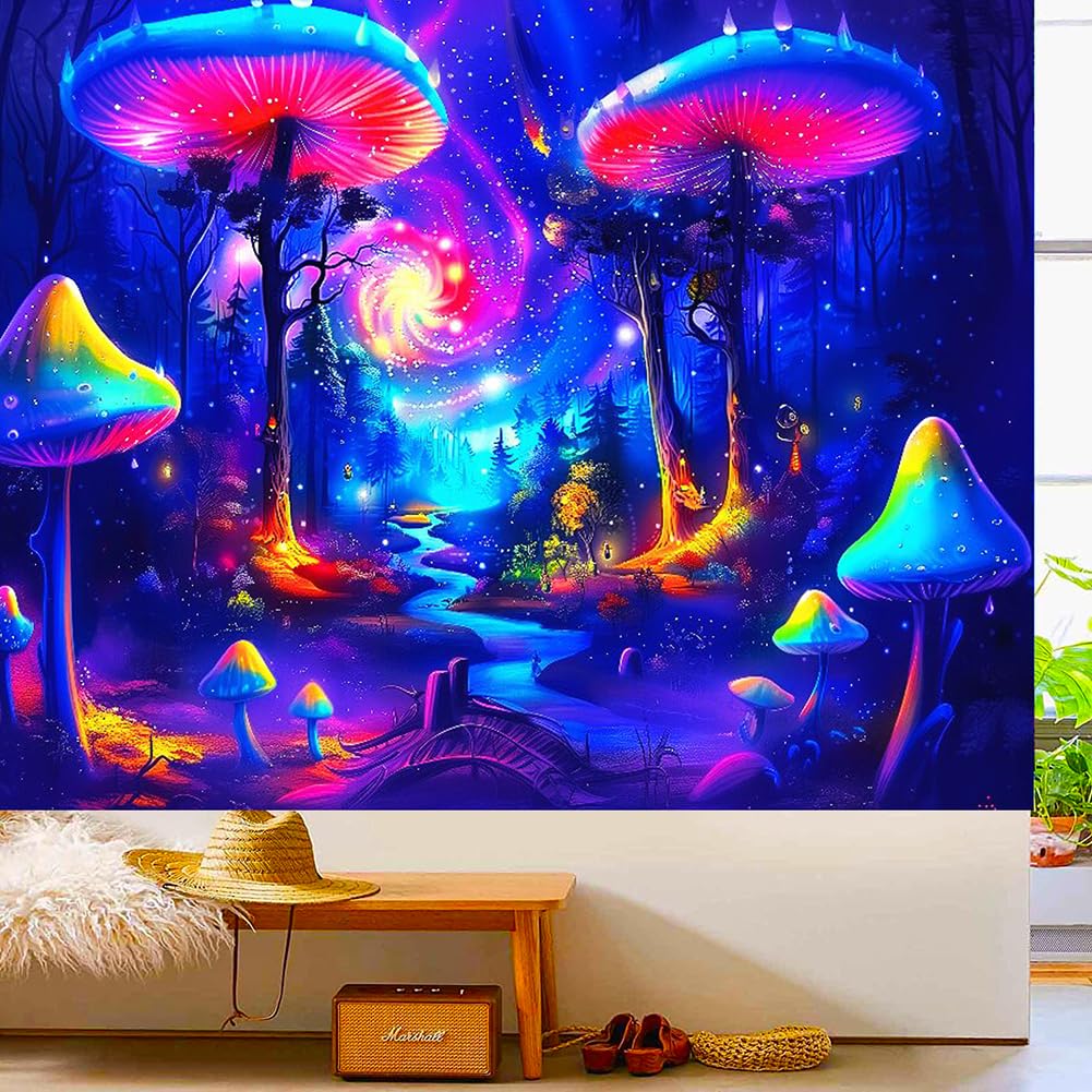 BJYHIYH Extra Large Blacklight Tapestry Wall Hanging Galaxy Mushroom Tapestries Fantasy Forest Tapestry for Bedroom Living Room Decor(90"×70")