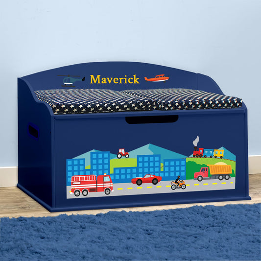 DIBSIES Personalized Creative Wonders Toy Box (Cars, Trucks, Planes, and Trains, Blue)