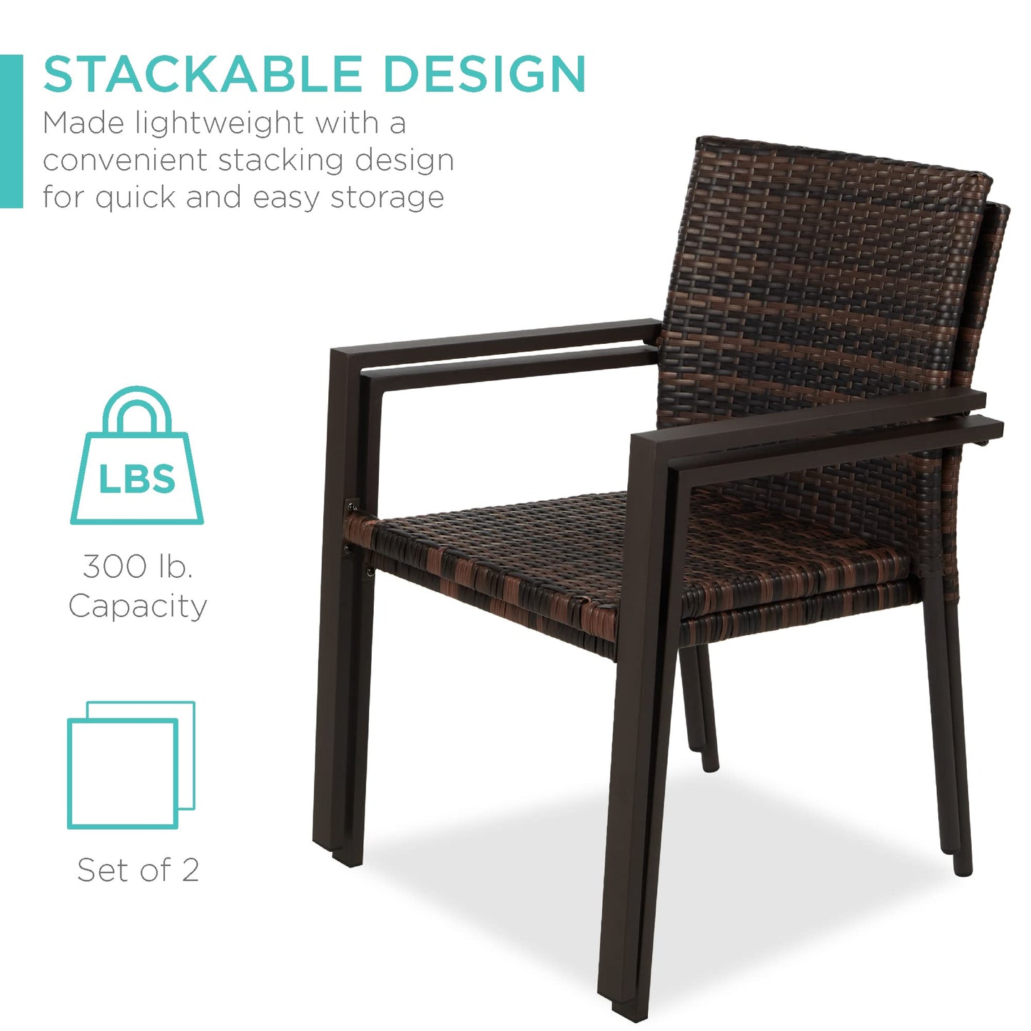 Best Choice Products Set of 2 Stackable Outdoor Wicker Dining Chairs All-Weather Firepit Armchair w/Armrests, Steel Frame for Patio, Deck, Garden, Yard - Brown