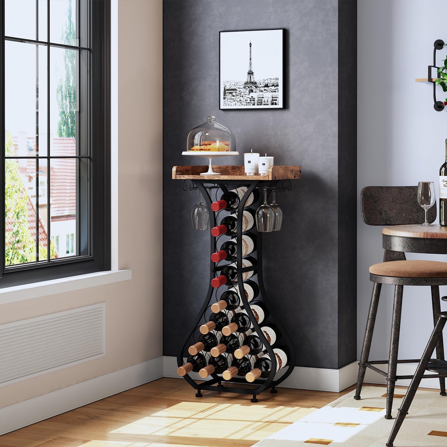 X-cosrack Wine Rack Freestanding Floor, Mini Bar Table Wine Holder Stand Liquor Cabinet with Glass Holder Wood Tabletop 14 Bottles Floor Wine Storage for Home Bar Kitchen Dining Living Room