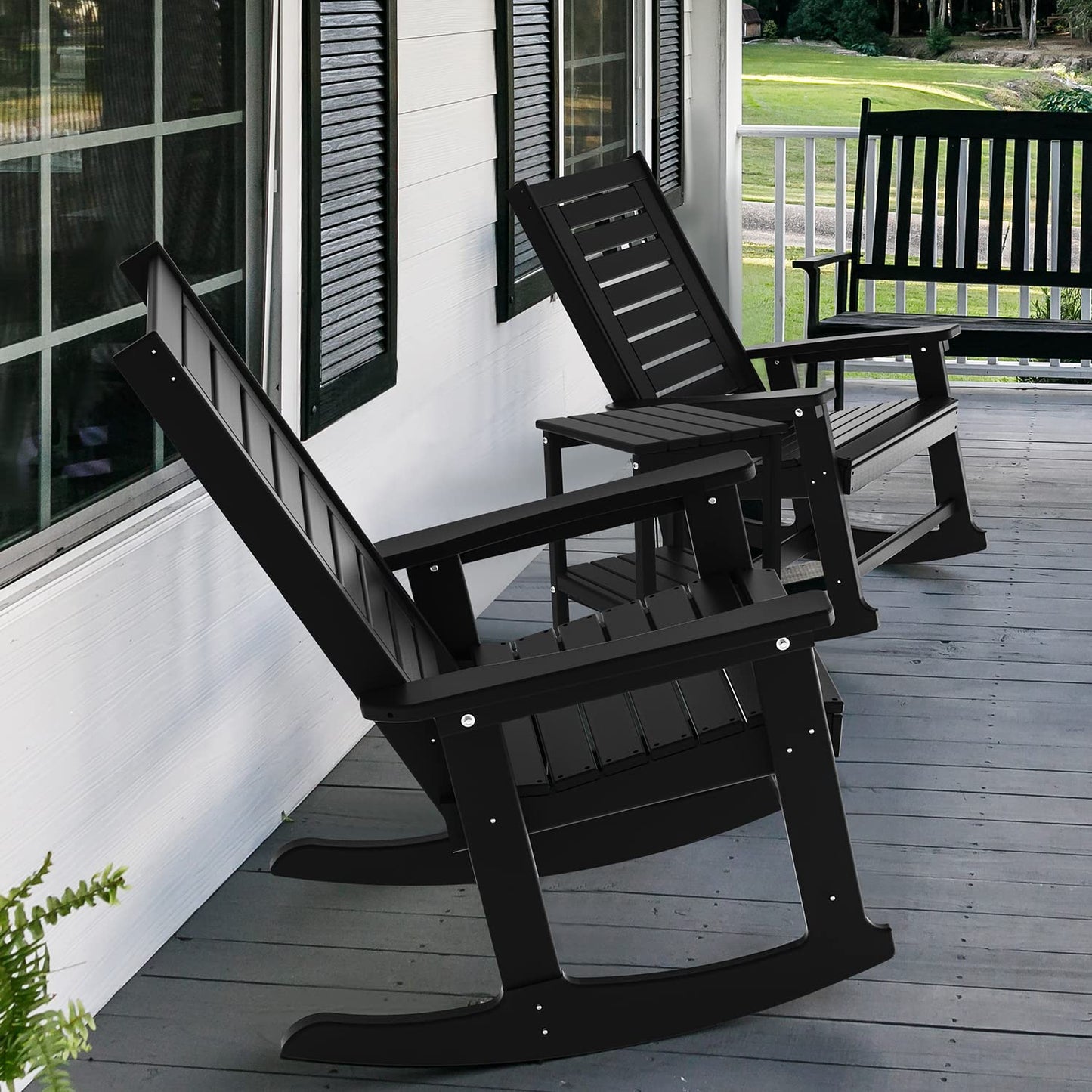 GREENVINES Outdoor Rocking Chairs | Set of 2 | Porch Rocker | HDPE Plastic | Black | Oversized Rockers | High Back | Big & Tall | Ladder back | for Patio Outside Backyard Balcony Garden