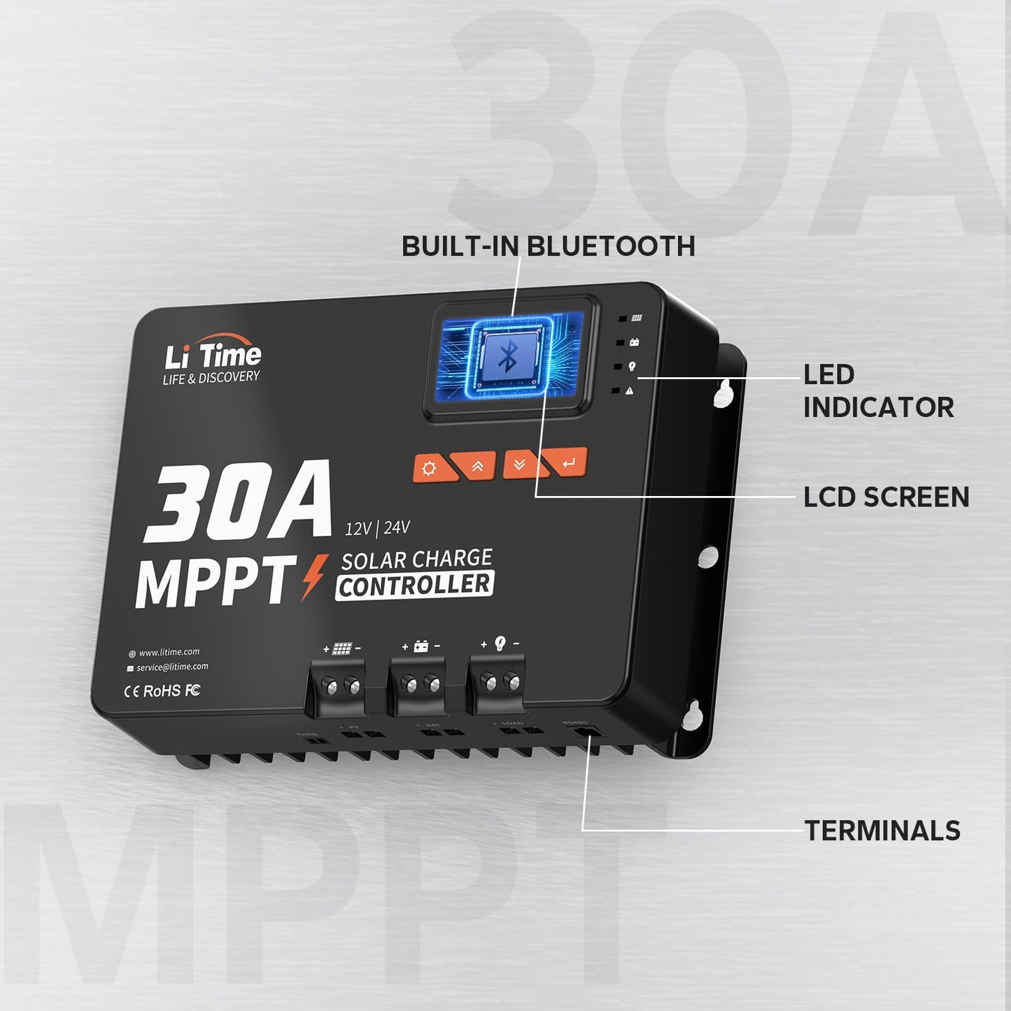 LiTime 30 Amp MPPT 12V/24V/Auto DC Input Solar Charge Controller Build-in Bluetooth Module, Parameter Adjustable LCD Display LED Indicators Solar Panel