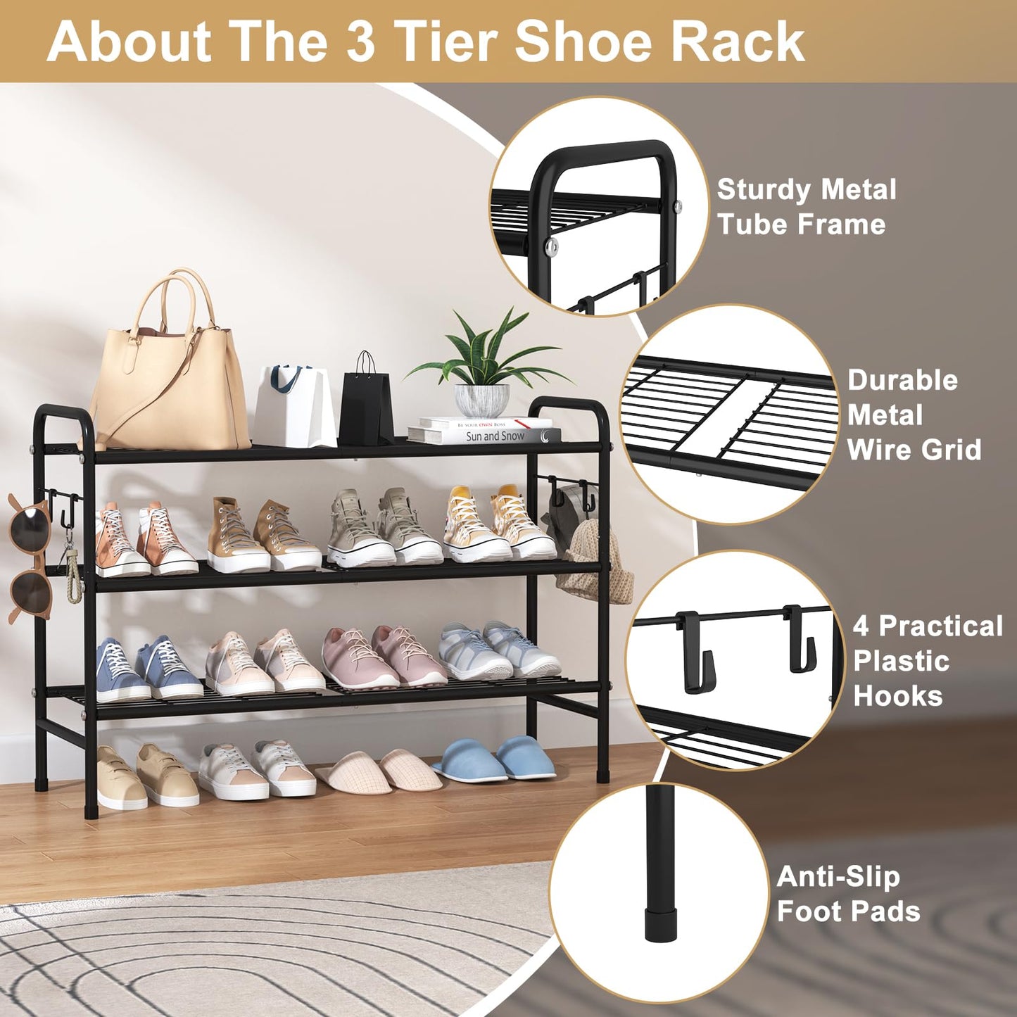 VILICK 3 Tier Shoe Rack 33" Wide Metal Shoe Organizer Long Shoe Storage with 4 Side Hooks Sturdy Shoes Shelf for Front Door Entrance, Closet, Garage, Dorm, Black