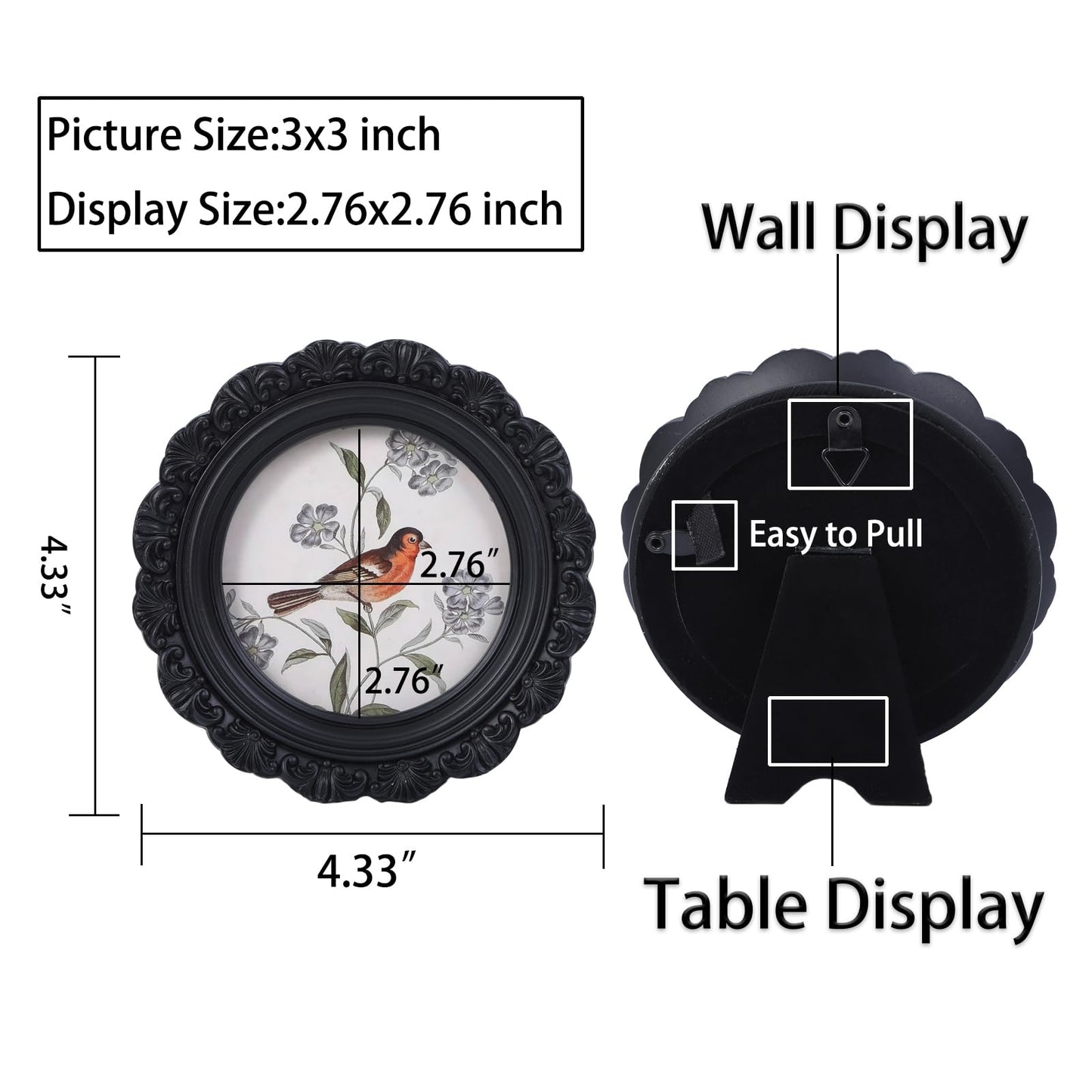 LIHOLO Antique Picture Frames 3x3 Vintage Frames Mini Pictures Frames Black Round Frames Bird Picture Frames