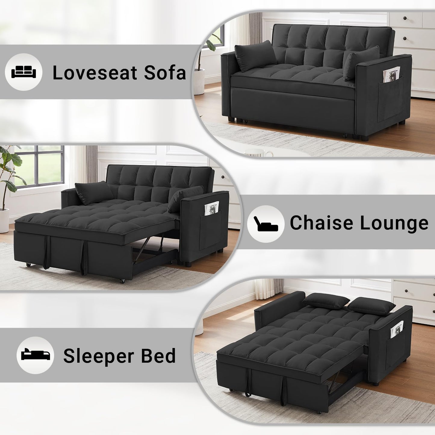 Skepphlay 3 in 1 Sleeper Sofa Bed, Pull Out Couch, Convertible Futon Loveseat with Adjustable Backrest, Living Room Chaise Lounge with 2 Pockets and 2 Pillows for Home Apartment Office, Black