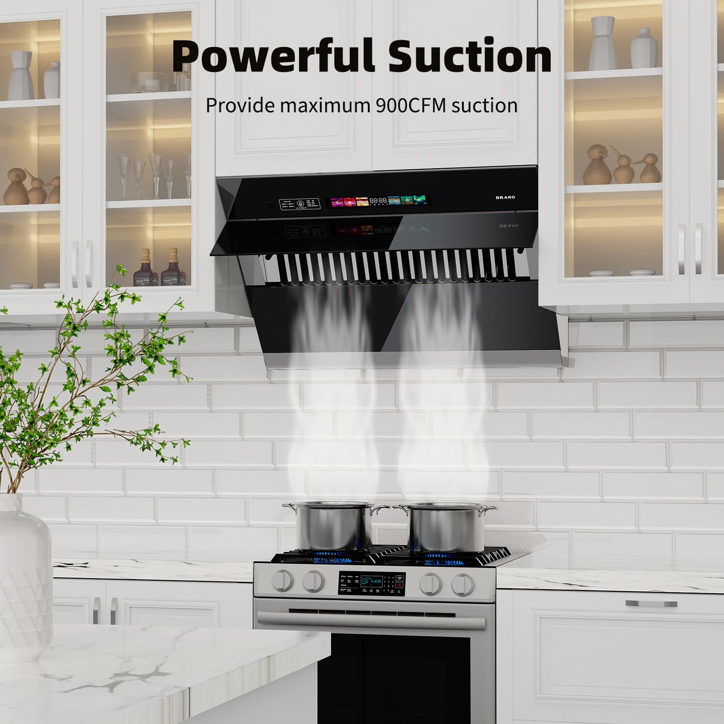 BRANO Range Hood 30 inch with 900CFM, Voice/Gesture Sensing/Touch Control Panel, Unique Side-Draft Design for Under Cabinet Modern Kitchen Hood, Ducted/Ductless Convertible