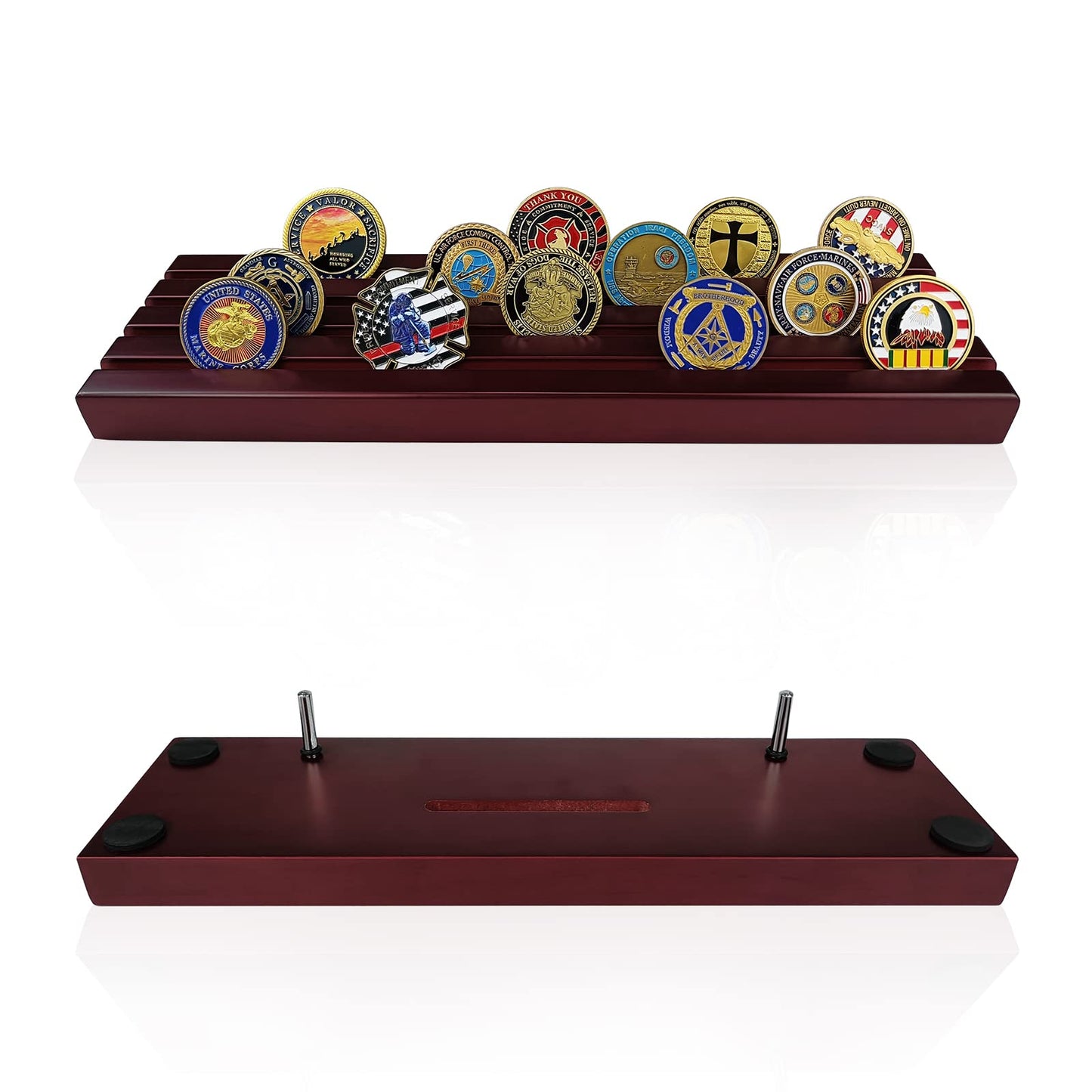 ASmileIndeep Military Challenge Coins Display Holder Solid Wood,Challenge Coin Stand Holds 30 Coins , 4 Row Military Coin Holder Rack for Desk,Challenge Coin Display Case for Collectors, Red