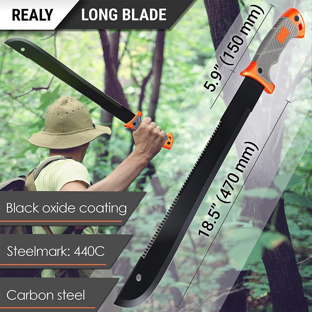 18.5-Inch Serrated Blade Machete with Nylon Sheath - Saw Blade Machetes with Non-Slip Rubber Handle - Best Brush Clearing Tool Machete for Cutting Trees and Yard Work - Survival E-Book Included 13153