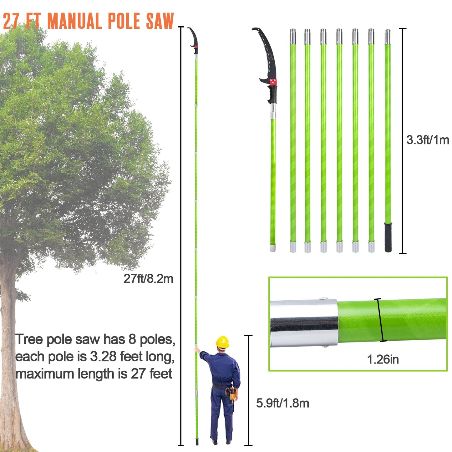 Pole Saws for Tree Trimming, 7.3-27 ft Manual Pole Saw Extendable Tree Trimmer, Long Branch Trimmer Tree Pole Pruner Saw Blades and Scissors Set for Pruning Palms and Shrubs