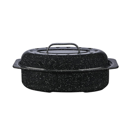 Granite Ware 13-inch oval roaster with Lid. Enameled steel design to accommodate up to 7 lb poultry/roast. Resists up to 932°F. Ideal for preparing meals for two!