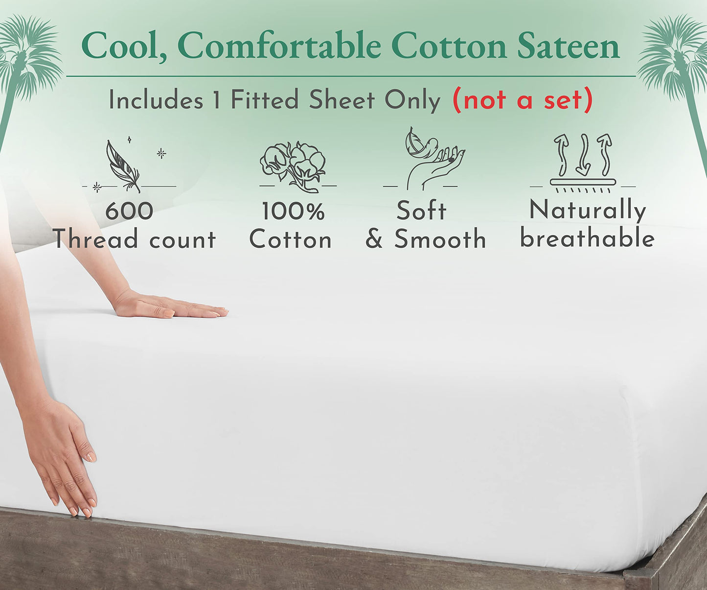 Luxuriously Soft Twin Fitted Sheet, 600 Thread Count Cooling Sheets, Sateen Weave, 100% Cotton Sheets, No-Pop Elastic for Snug Fit, Deep Pocket Bottom Sheet with Head & Foot Tag (Bright White)
