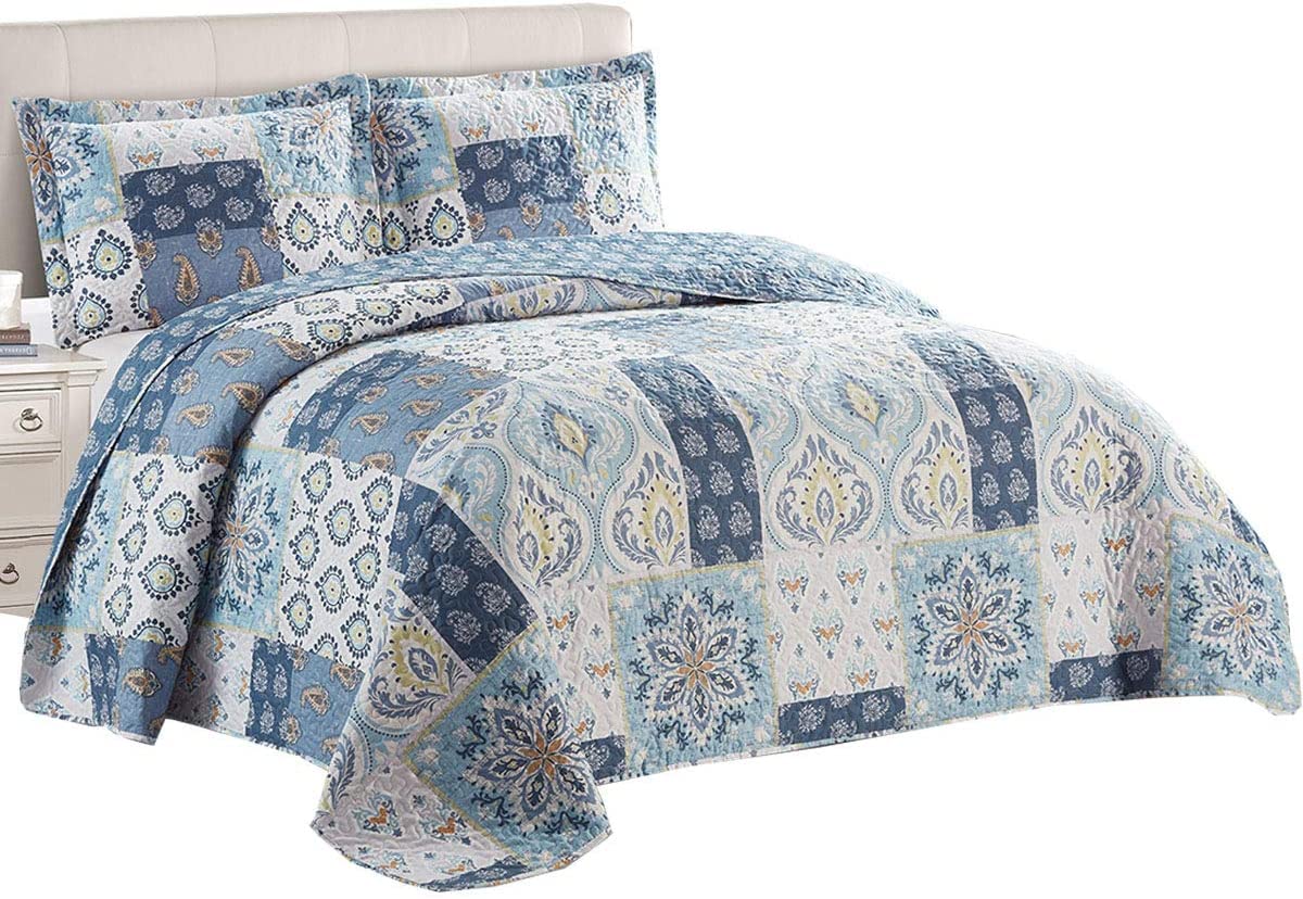 Royal Tradition 5PC Bedspread Set -Twin XL Size- Bellflower Printed Quilted Wrinkle-Free Microfiber Includes: 2PC Coverlet Set and 3PC Sheets Set