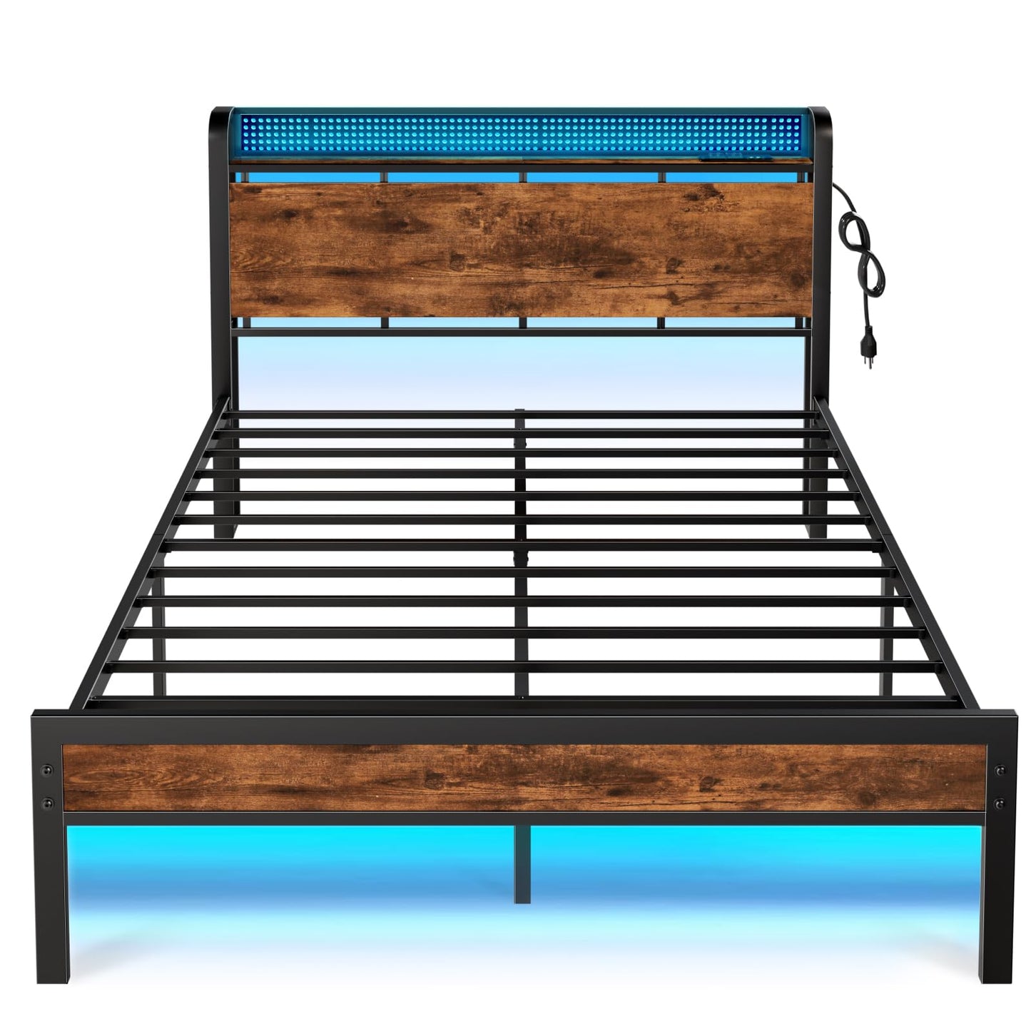 Furnulem Platform Queen Bed Frame with RGB LED Lights,Industrial Storage Headboard with Power Outlet and USB Port,Rustic Wood and Strong Metal Support,No Box Spring Needed, Noise Free